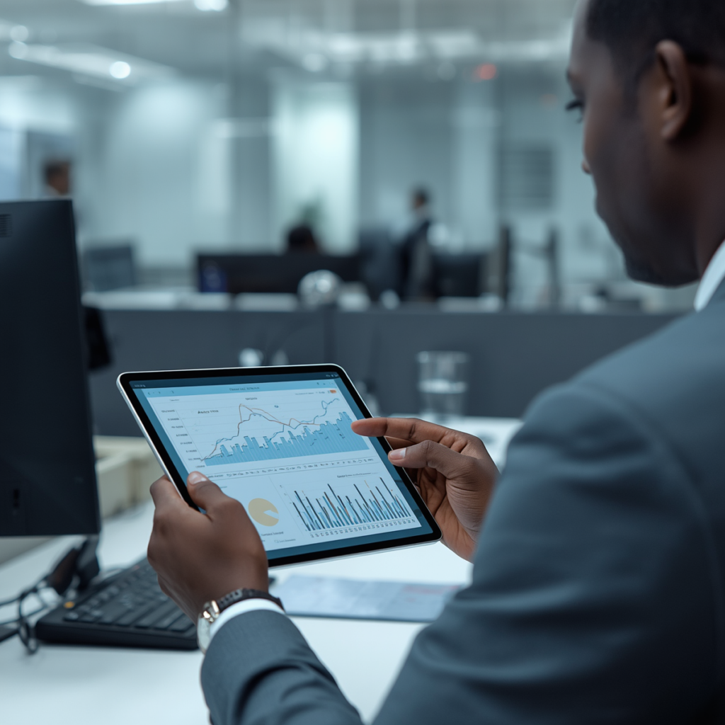 finance officer reviewing real time budget dashboard on a tablet